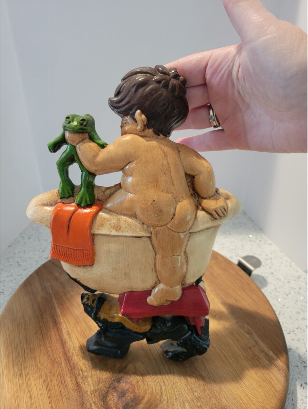 Chalk Ware 1970 Bathtub Boy With Frog Vintage Wall Hanging Bathroom Decor